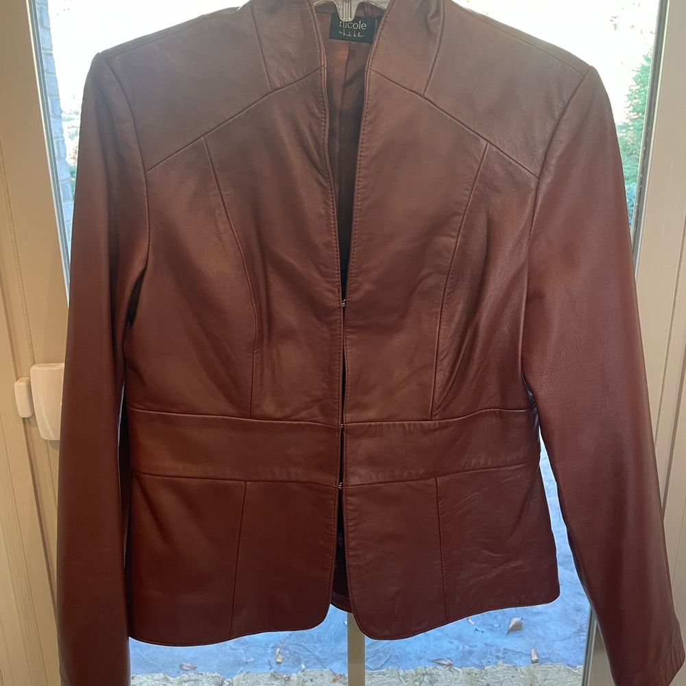 Nicole Miller mahogany brown leather jacket, Size Medium